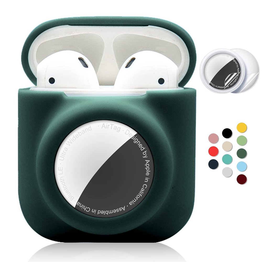 2 in 1 Silicone Protective Skin Cover Compatible with AirPod 1&2 and AirTag, Soft Comprehensive Protective Case with 2 PCS TPU Screen Protector, Anti-Scratch Anti-Fall Anti-Lost(BlackishGreen)
