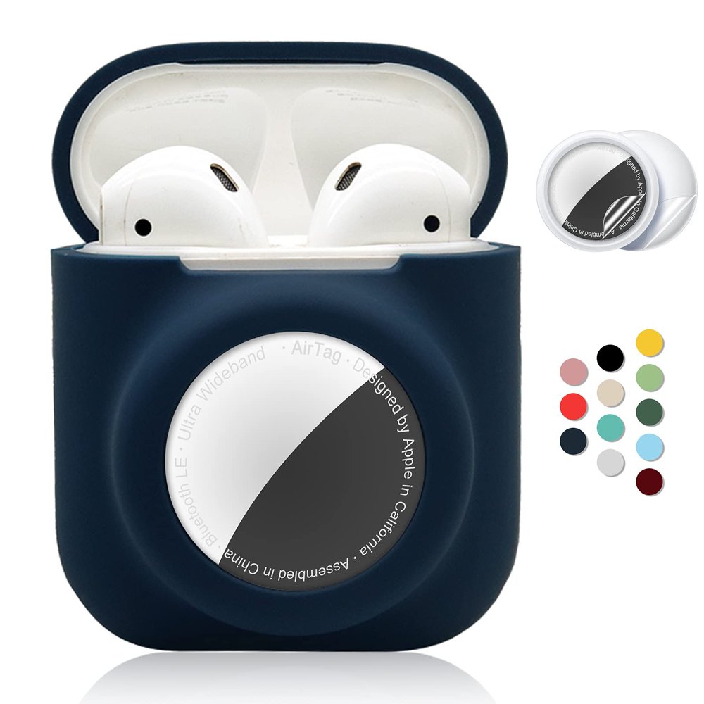 2 in 1 Silicone Protective Skin Cover Compatible with AirPod 1&2 and AirTag, Soft Comprehensive Protective Case with 2 PCS TPU Screen Protector, Anti-Scratch Anti-Fall Anti-Lost(NavyBlue)