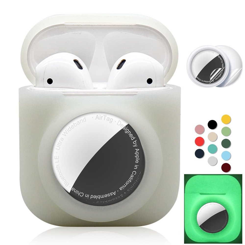 2 in 1 Silicone Protective Skin Cover Compatible with AirPod 1&2 and AirTag, Soft Comprehensive Protective Case with 2 PCS TPU Screen Protector, Anti-Scratch Anti-Fall Anti-Lost(LuminousWhite)