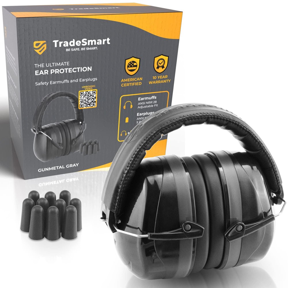 TradeSmart NRR 28 Earmuffs  Professional Hearing Protection for Construction, Yardwork, DIY, & Sports  Adjustable Fit
