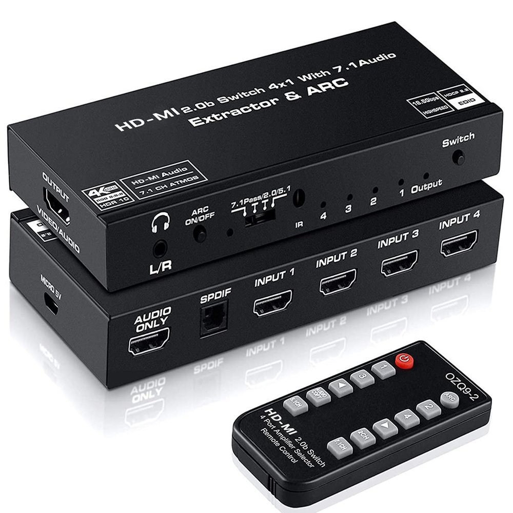 4K HDMI Switcher with Audio Extractor,HD 1080P 4 in 1 Out HDMI Switcher with ARC SPDIF Converter ,3.5mm Stereo Audio