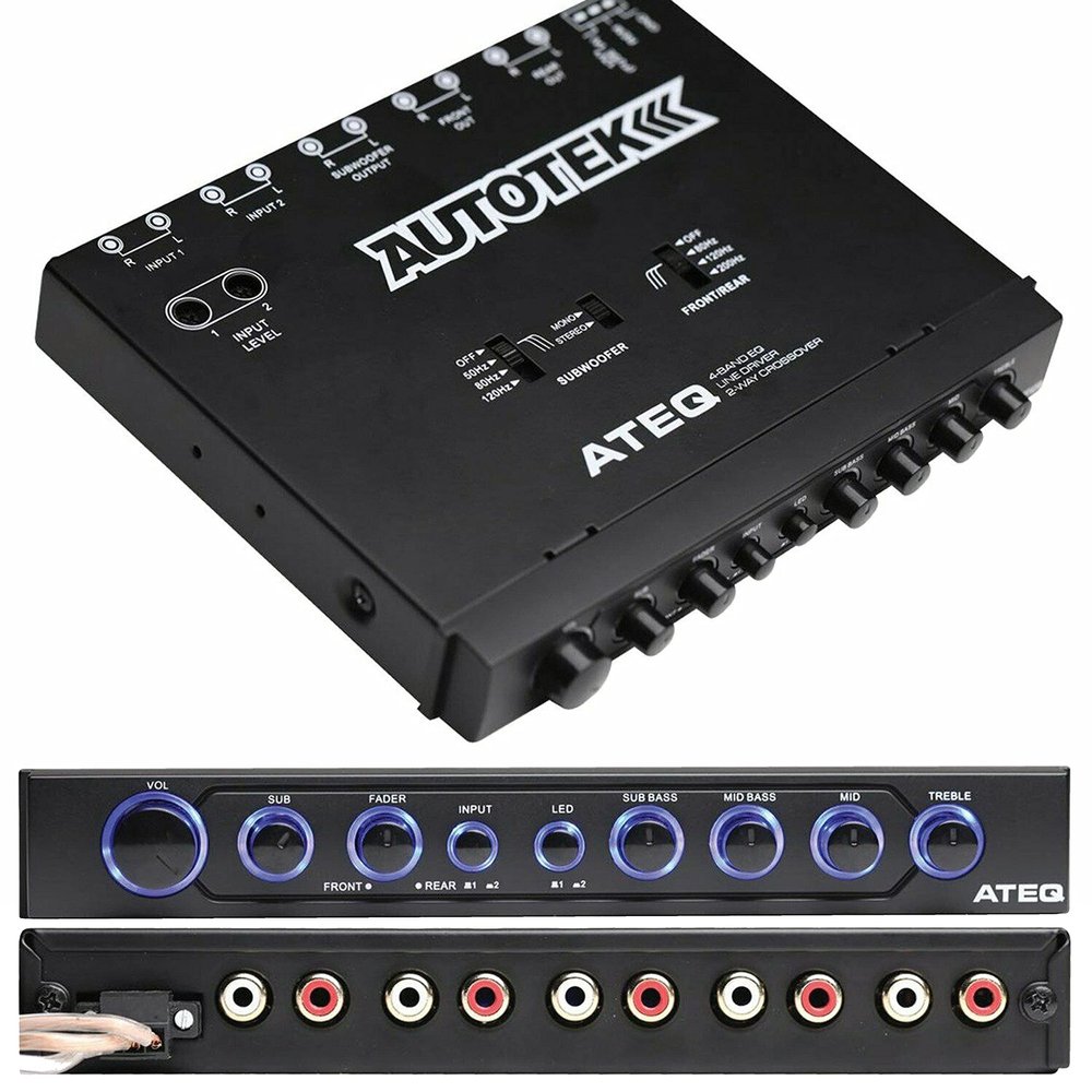 Autotek 4-Band Audio Equalizer with Built-in 2-Way Crossover, 9 Volts, 1/2 DIN, re-amp EQ with Front/Rear Active Crossover, and Selectable 12dB high-Pass Crossover PK2