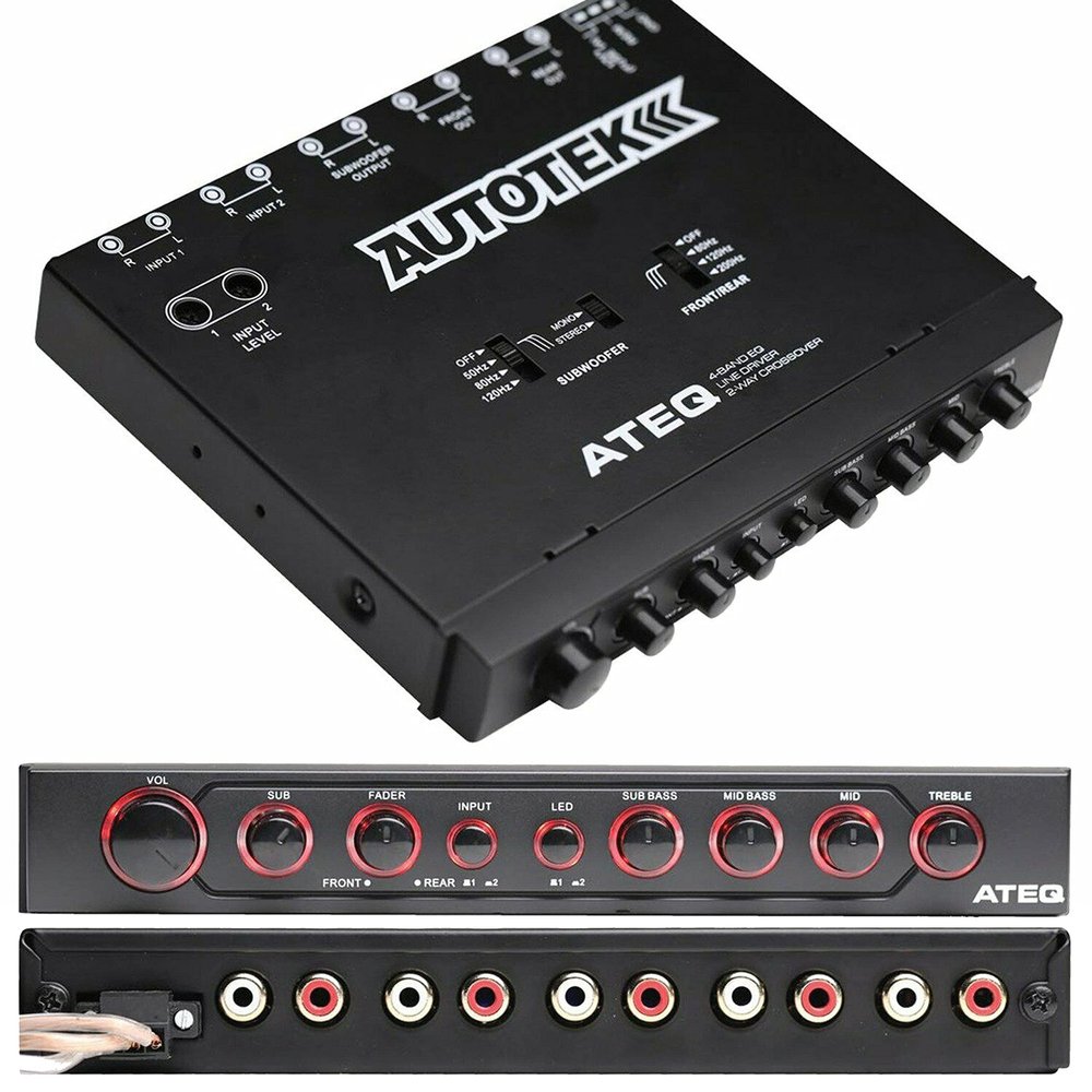 Autotek 4-Band Audio Equalizer with Built-in 2-Way Crossover, 9 Volts, 1/2 DIN, re-amp EQ with Front/Rear Active Crossover, and Selectable 12dB high-Pass Crossover PK1