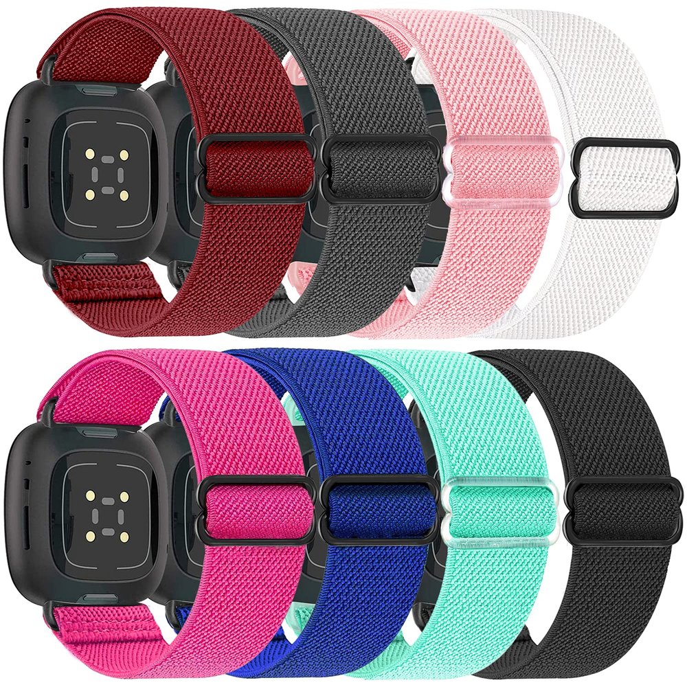8 Pack Elastic Bands Compatible with Fitbit Versa 3 & Fitbit Versa 4 & Fitbit Sense & Fitbit Sense 2, Adjustable Nylon Sport Strethy Wristband for Fitbit Versa 3 / Versa 4 Smartwatch Women Men