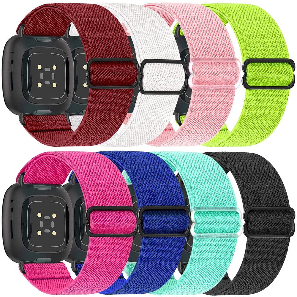 8 Pack Elastic Bands Compatible with Fitbit Versa 3 & Fitbit Versa 4 & Fitbit Sense & Fitbit Sense 2, Adjustable Nylon Sport Strethy Wristband for Fitbit Versa 3 / Versa 4 Smartwatch Women Men