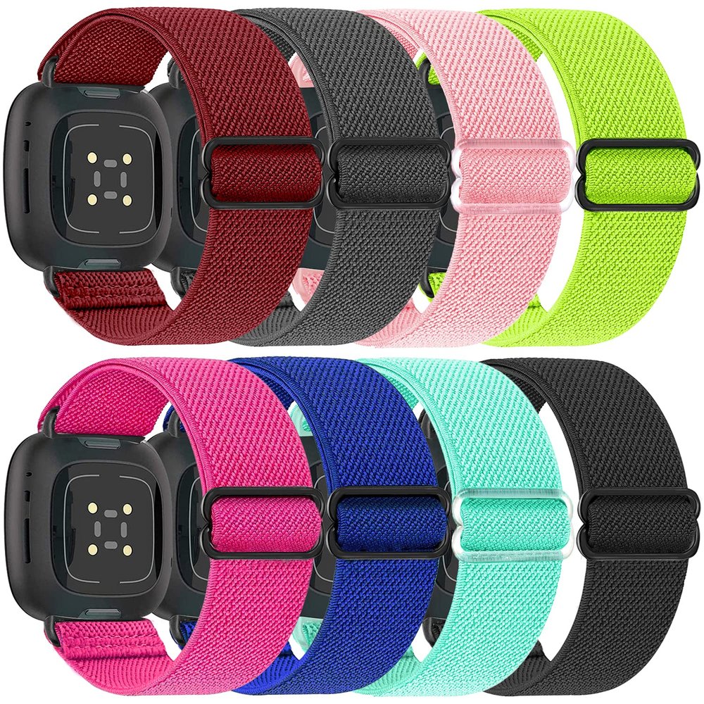 8 Pack Elastic Bands Compatible with Fitbit Versa 3 & Fitbit Versa 4 & Fitbit Sense & Fitbit Sense 2, Adjustable Nylon Sport Strethy Wristband for Fitbit Versa 3 / Versa 4 Smartwatch Women Men