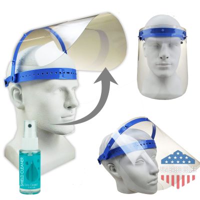 proSPORT 5 Pack Flip-Up Medical Face Shields  Dark Blue Adjustable Frame  Clear Anti-Fog Full Face Protection Against Splash & Droplets  Includes Lens Cleaner Bottle