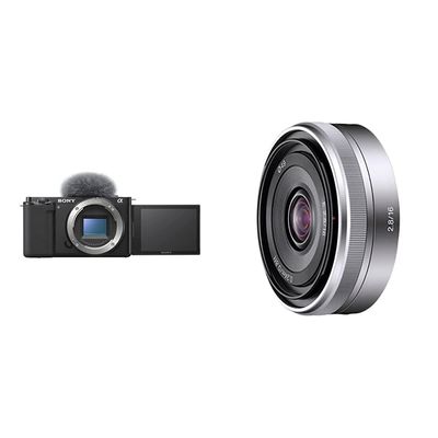 Sony Alpha ZV-E10 - APS-C Interchangeable Lens Mirrorless Vlog Camera - Black + Sony SEL16F28 16mm f/2.8 Wide-Angle Lens for NEX Series Cameras
