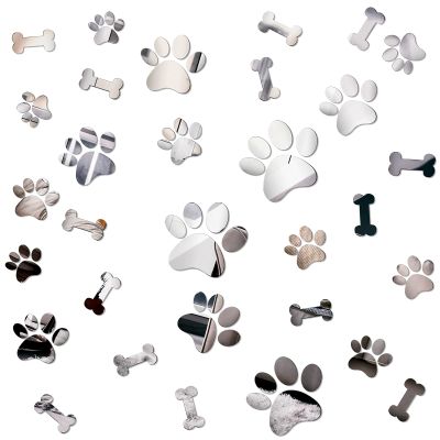 26 Pcs Acrylic Mirror Wall Stickers - Dog Paw Bones Prints, Removable Dog Pup Room Wall Decors for Kids Children Nursery Bedroom Home Decoration