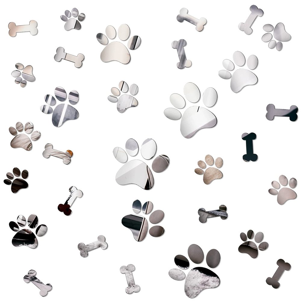 26 Pcs Acrylic Mirror Wall Stickers - Dog Paw Bones Prints, Removable Dog Pup Room Wall Decors for Kids Children Nursery Bedroom Home Decoration