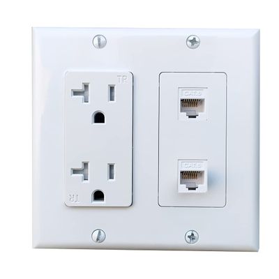 BOPLAT 20Amp Power Outlet with 2 CAT6 Ethernet Port - Double Gang Ethernet and Power Outlet Cover Plate with 2 CAT6 RJ45 Keystone Jack - White