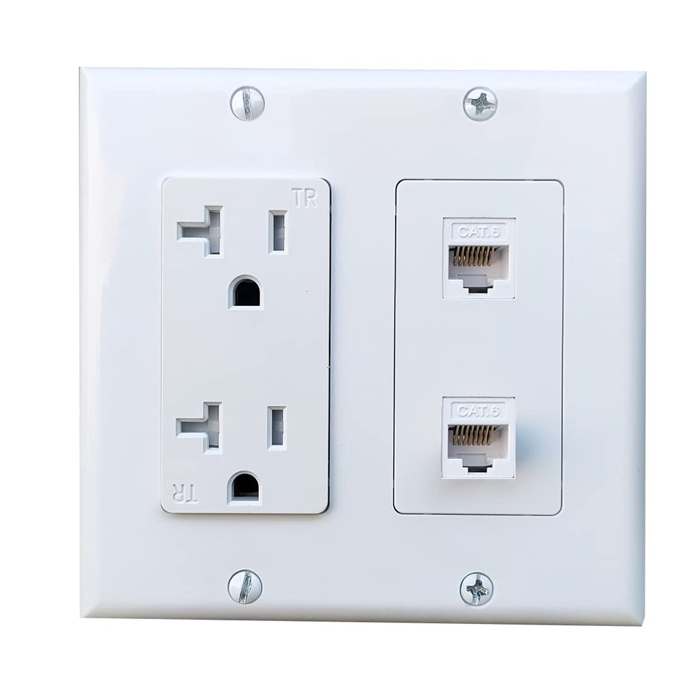 BOPLAT 20Amp Power Outlet with 2 CAT6 Ethernet Port - Double Gang Ethernet and Power Outlet Cover Plate with 2 CAT6 RJ45 Keystone Jack - White