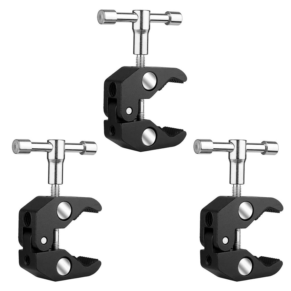 3 Pack Super Clamp with 1/4 and 3/8 Thread Camera Clamp Mount, Super Crab Clamp Rod Magic Arm Clamp Clip for Cameras, Rods, Lights, Hooks, Shelves, Cross Bars, etc