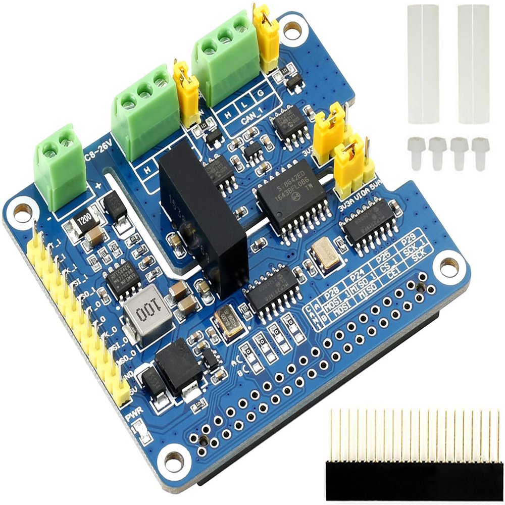 2-Channel Isolated CAN FD Expansion HAT for All Raspberry Pi, Support CAN2.0 and CAN FD Protocols,with MCP2518FD CAN Controller + MCP2562FD CAN Transceiver Onboard Multi Protection Circuits