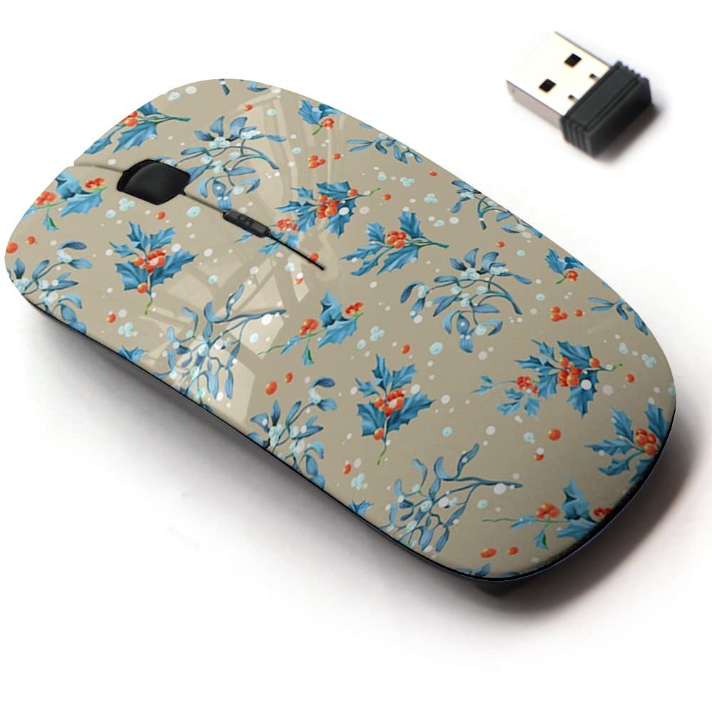 2.4G Wireless Mouse with Cute Pattern Design for All Laptops and Desktops with Nano Receiver - Christmas Holly Twigs Mistletoe