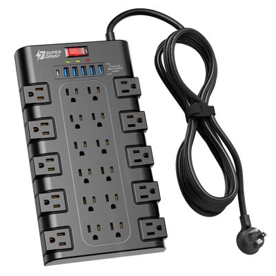 Extension Cord 10 Ft, SUPERDANNY Power Strip Surge Protector with 6 USB Charging Ports and 22 AC Outlets, 1875W/15A, 2100 Joules, Flat Plug Power Outlet for Home, Office, Dorm, Gaming Room, Black