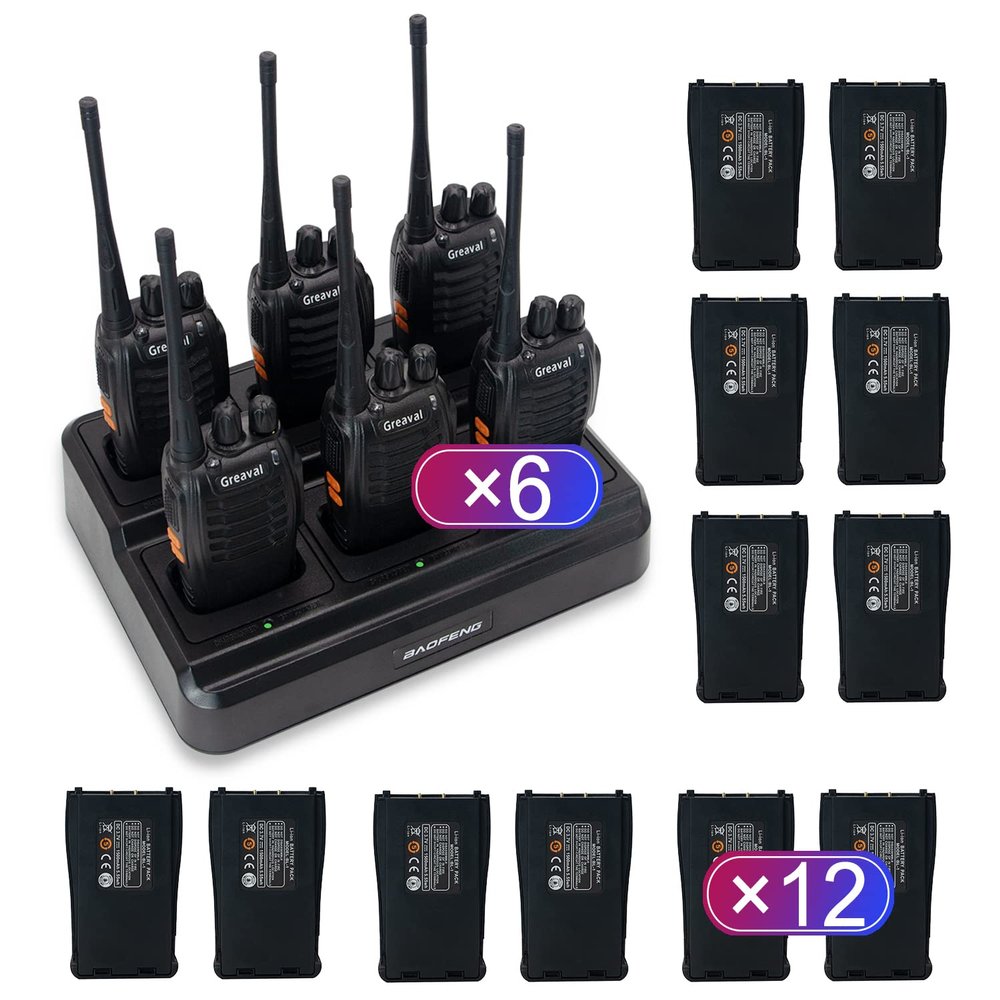 Greaval GV-8S Long Range Walkie Talkies with Six-Way Multi-Unit Charger for Adults, 6 Pack Rechargeable Walkie Talkies with 12 Li-ion Batteries, Two-Way Radio with Earpieces and Mic