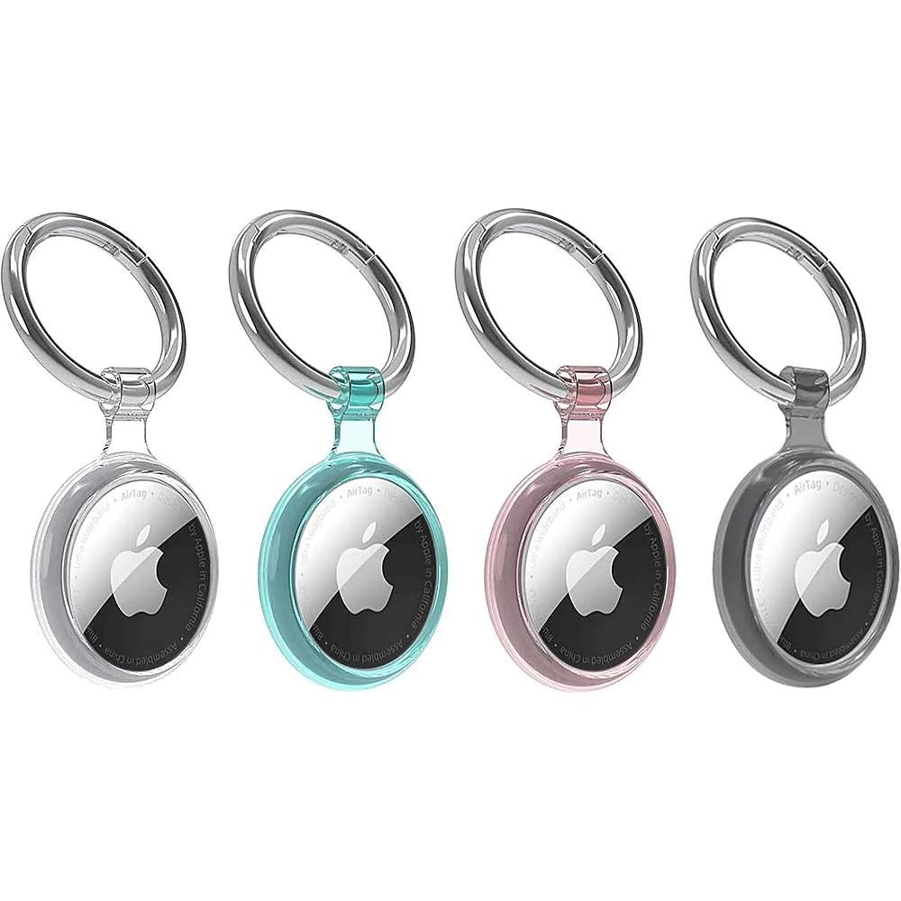 SaharaCase Hybrid Flex Case for AirTag (4-Pack) with Carabiner Clip [Shockproof Bumper] Rugged Protection Antislip Grip - Clear/Black/Teal/Pink