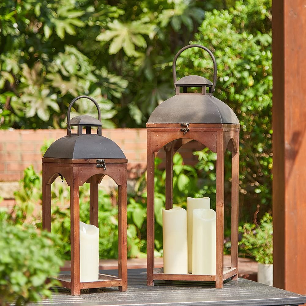 Glitzhome Lanterns Decorative Indoor, Set of 2 Mondern Farmhouse Wooden Lantern Hanging Decorative Candle Lanterns for Fireplace, Patio, Porch, Floor (No Glass)