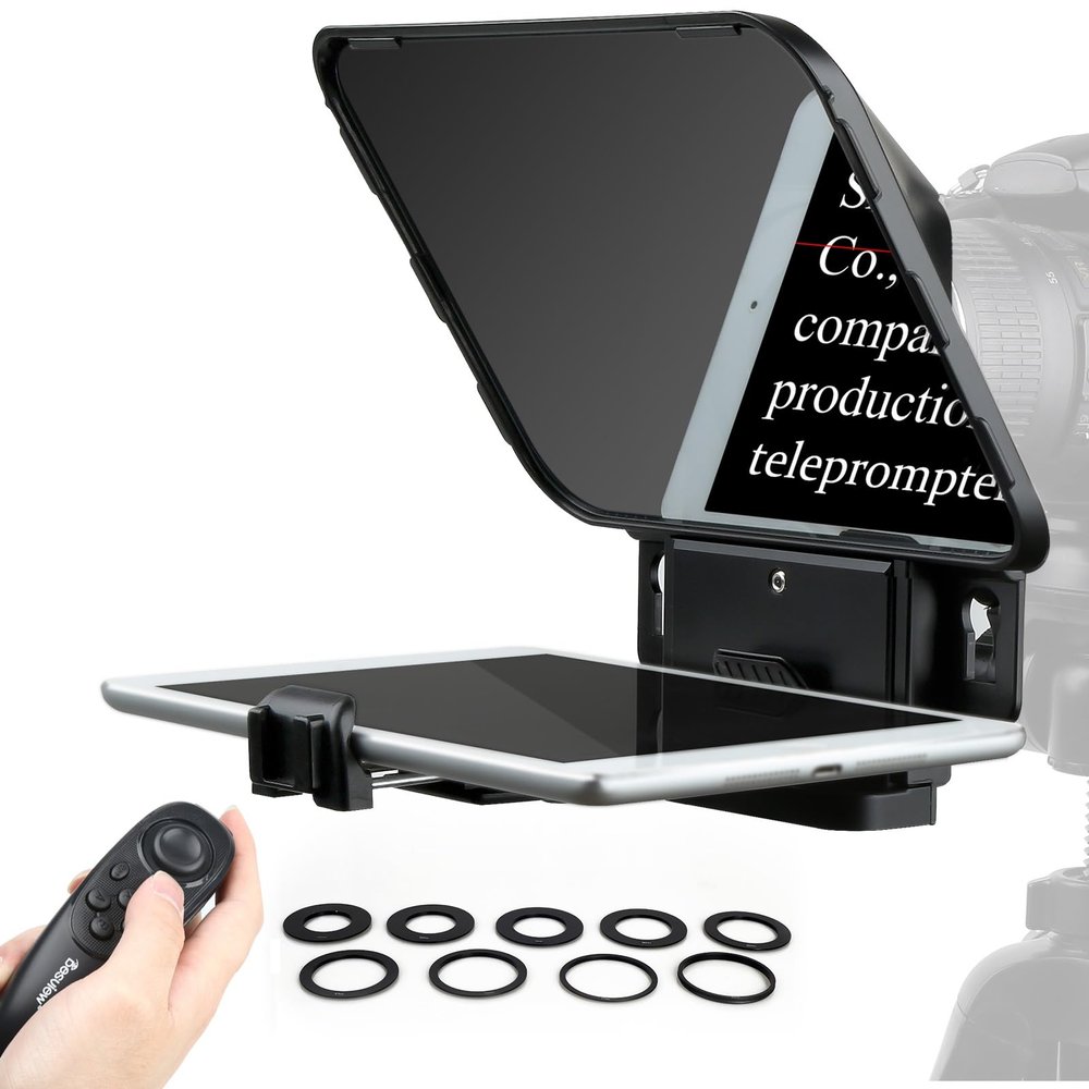 Desview T3 Portable Teleprompter for iPad Tablet iPhone up to 10 inch High Definition 70/30 Beam Splitter Glass with Remote Control for DSLR Camera Smartphone Video Recording (9 Lens Adapter Ring)