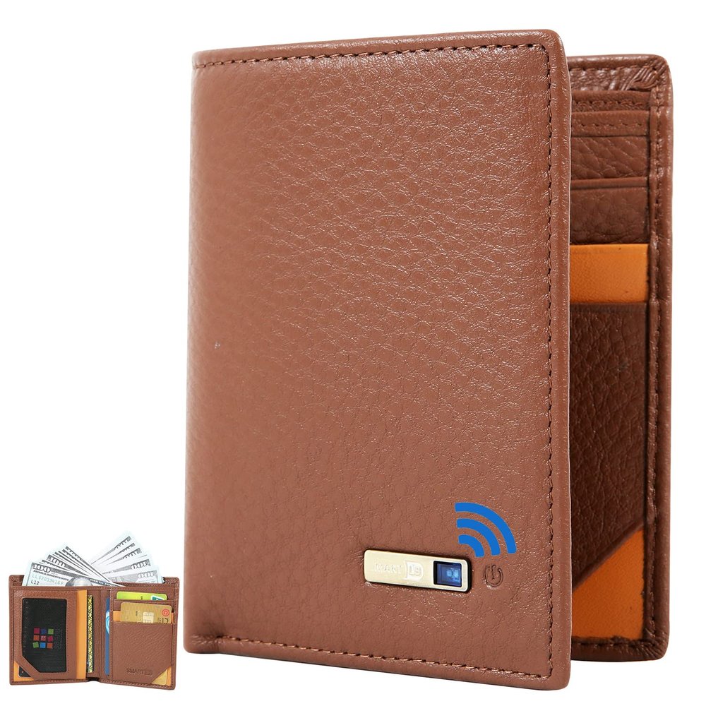 SMART CC Trackable Wallet for Men, Anti-Lost Mens Wallet with GPS Position Locator & Bluetooth Tracker (Brown)