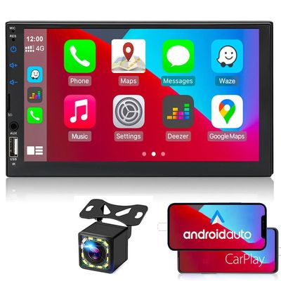 WEPECULIOR 12V 7 inch Car Radio 2 DIN Stereo FM Compatiable with Android Auto and Car Play MP5 Player with Bluetooth Hands Free AV Input Output Mirror Link for Cellphone with 12 LED Reverse Camera