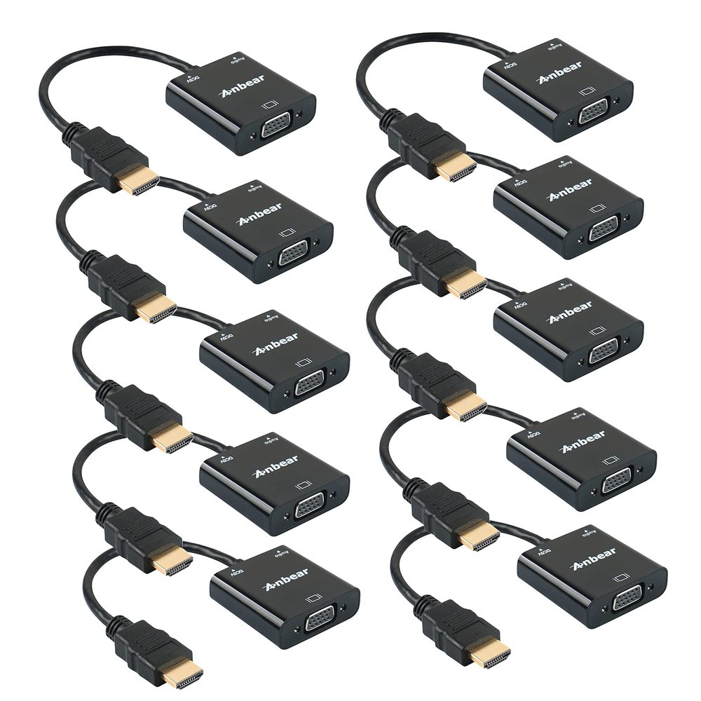 Anbear HDMI to VGA Adapter with Audio(10 Pack), Gold-Plated VGA to HDMI Adapter (Male to Female) Compatible for Computer, Desktop, Laptop, PC, Monitor, Projector, HDTV, Chromebook,Roku, Xbox and More