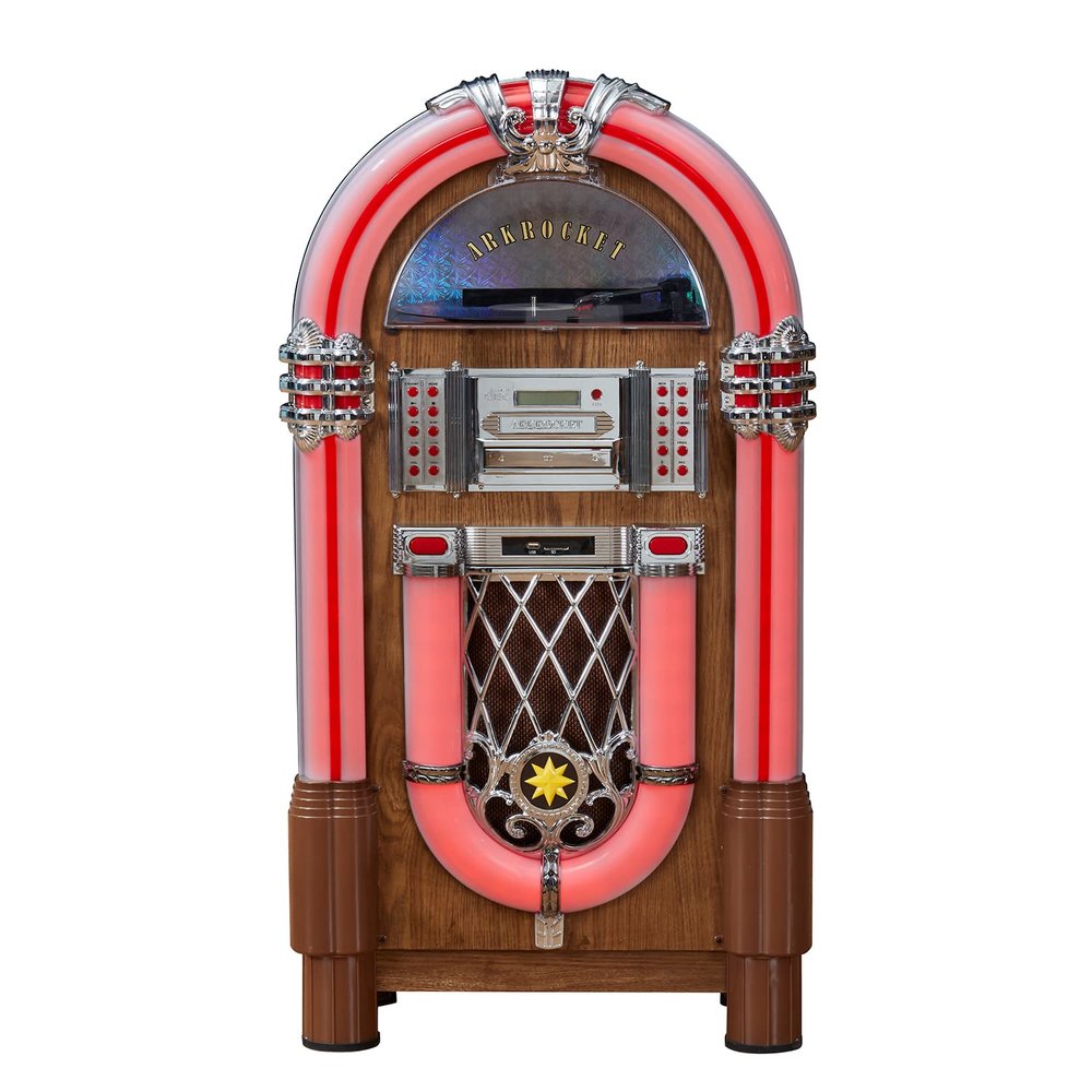 Arkrocket Taurus II Jukebox Vinyl Record Player Bluetooth USB SD CD Player Radio Retro Turntable Classic Jukebox 42 inch (Taurus II - Dark Oak)