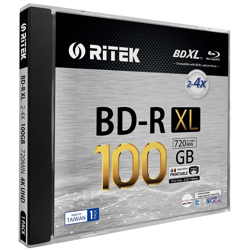 1 Pack Ritek BD-R XL BDXL 100GB Archival Grade Triple Layers 4X White Inkjet Hub Printable Blank Disc w/Standard Jewel Case
