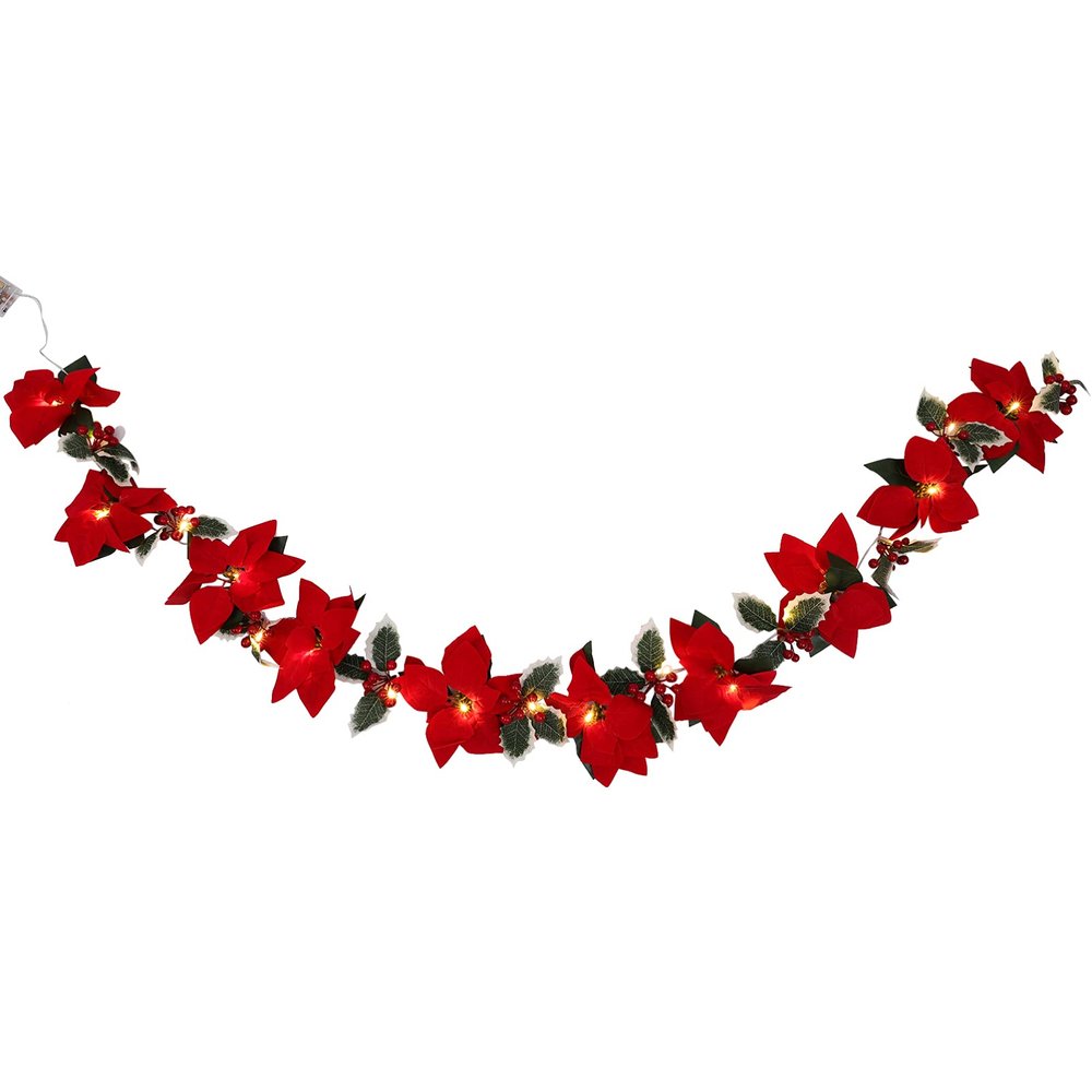 DOITOOL Fake Red Flowers Garland Lights Christmas Wreath Light String for Indoor and Outdoor Home Decoration