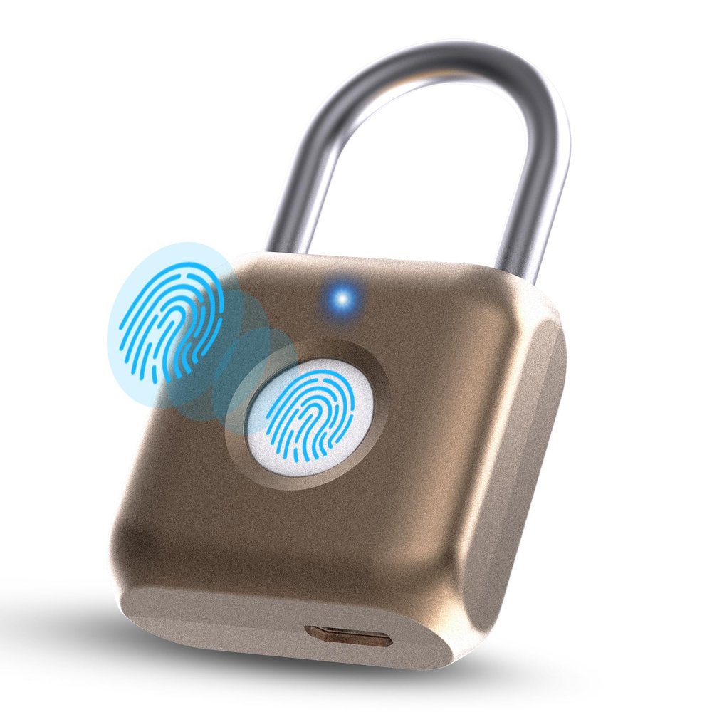 Pothunder Fingerprint Padlock, Smart Padlock, Locker Lock, Biometric Metal Keyless Fingerprint Lock, USB Rechargeable, for Gym Locker, Luggage, Backpack(Placer Gold)