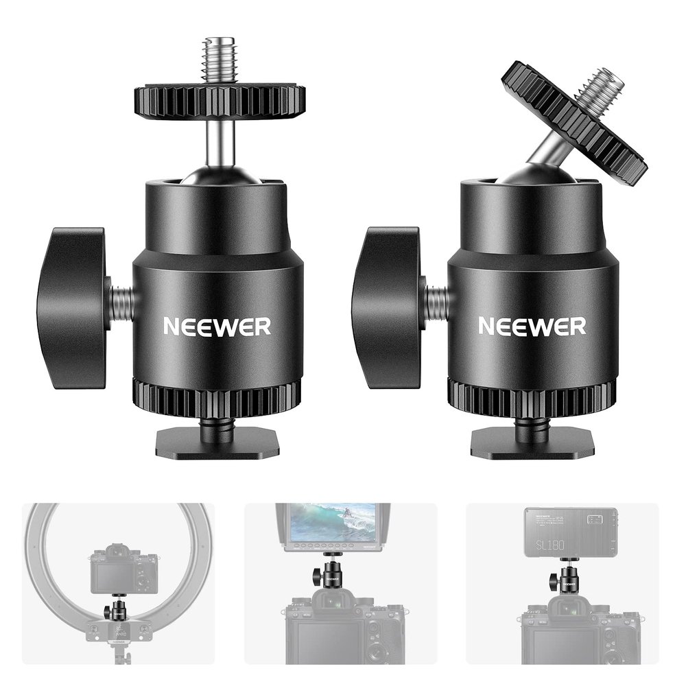NEEWER Mini Ball Head with Cold Shoe & 1/4 Screw, 2 Pack, 360 Swivel 90 Tilt Ballhead Camera Mount Hot Shoe Adapter for Camera, Camcorder, Smartphone, LED Video Light, Microphone, Ring Light, ST17