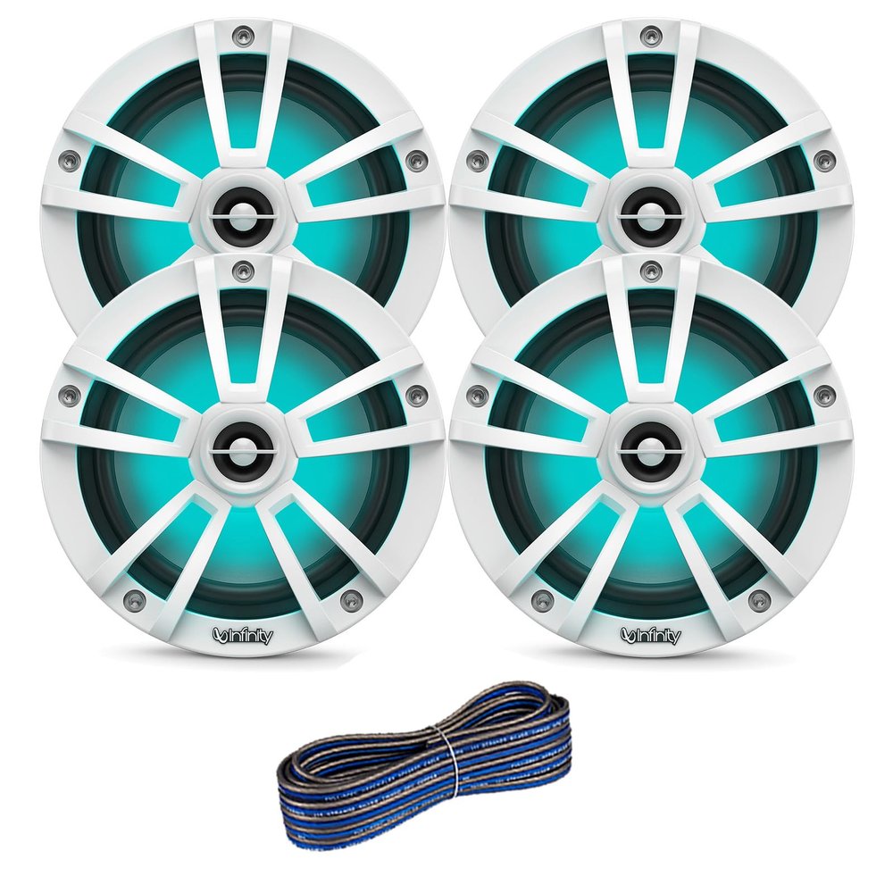 2 Pair (Qty 4) of Infinity Reference 6.5" 225 Watt Peak Power Waterproof Marine Speakers (White) with Enrock 50 ft 16-Gauge Speaker Wire - OEM Replacement