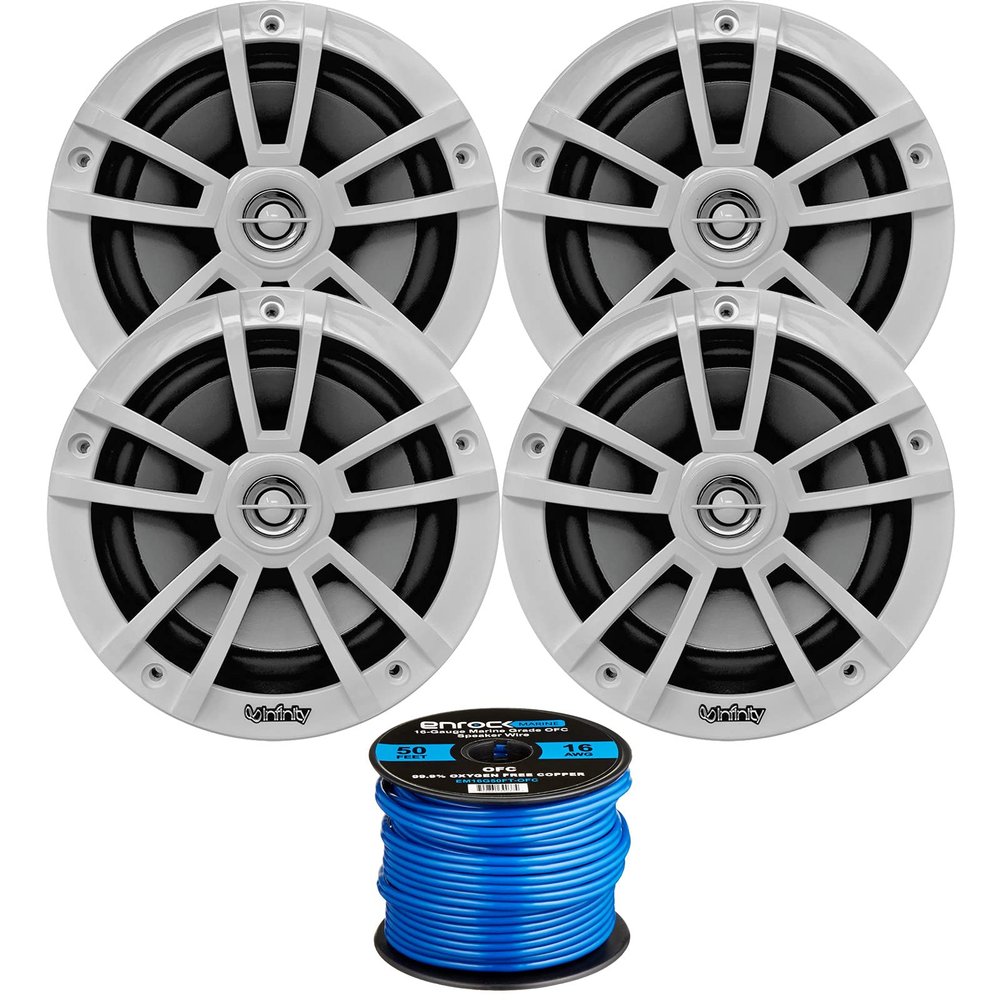Infinity 6.5" Marine Speakers (Qty 4) 2 Pairs of OEM Replacement Speakers w/ Enrock 50ft Wire (White) 622MWB