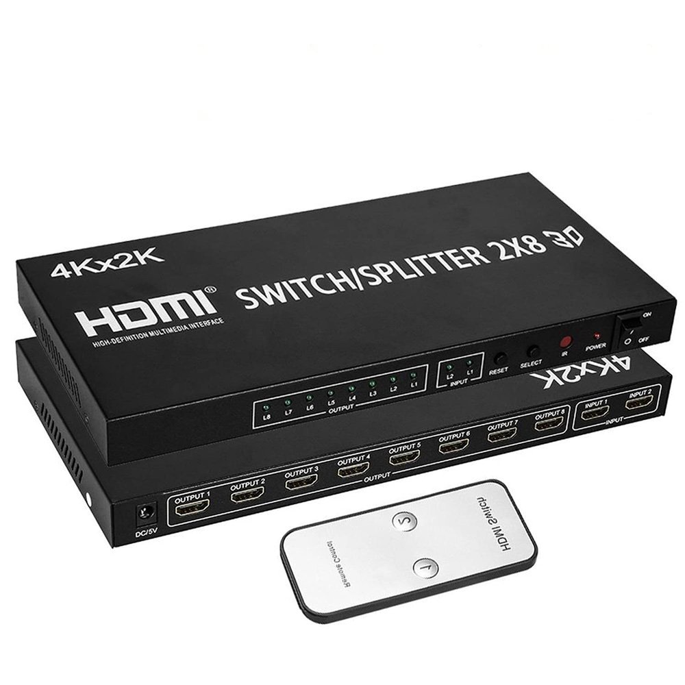 2X8 HDMI Splitter Full HD 4K Video HDMI Switcher 2x8 Split 2 in 8 Out Dual Display for PS3 Xbox PC to HDTV Monitor Projector with Power