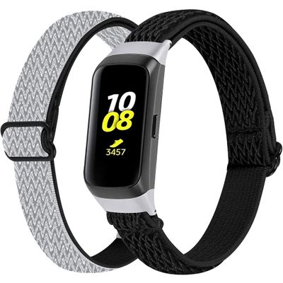 2-Pack Elastic Nylon Band Compatible with Samsung Galaxy Fit SM-R370, Stretchable Adjustable Breathable Bracelet Cotton Woven Replacement Strap for Galaxy Fit for Women (Grey Black)