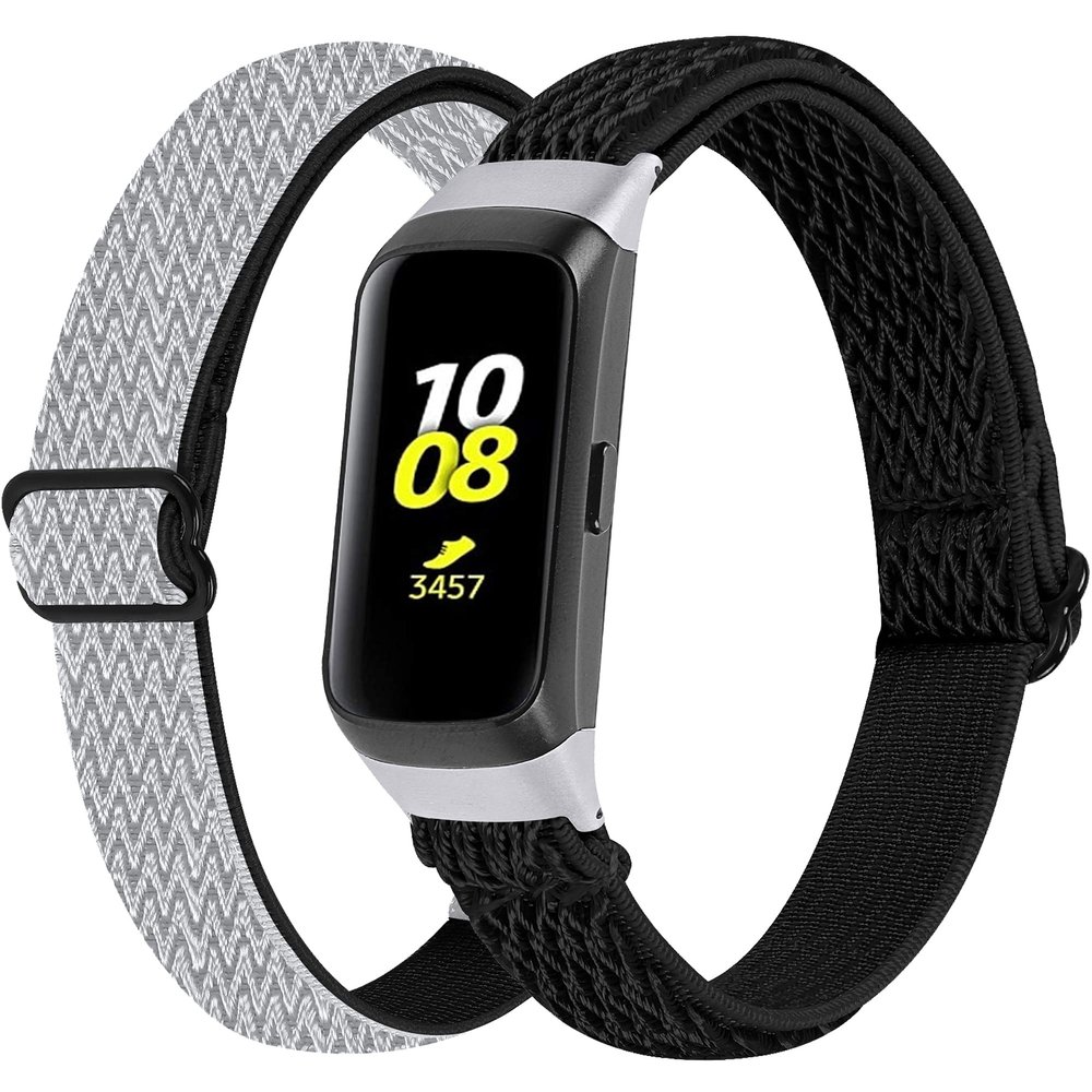 2-Pack Elastic Nylon Band Compatible with Samsung Galaxy Fit SM-R370, Stretchable Adjustable Breathable Bracelet Cotton Woven Replacement Strap for Galaxy Fit for Women (Grey Black)