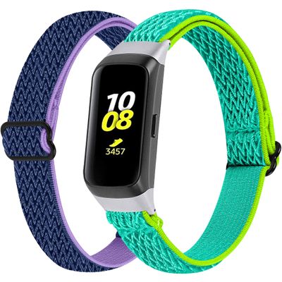 2-Pack Elastic Nylon Band Compatible with Samsung Galaxy Fit SM-R370, Stretchable Adjustable Breathable Bracelet Cotton Woven Replacement Strap for Galaxy Fit for Women (Purple YellowGreen)