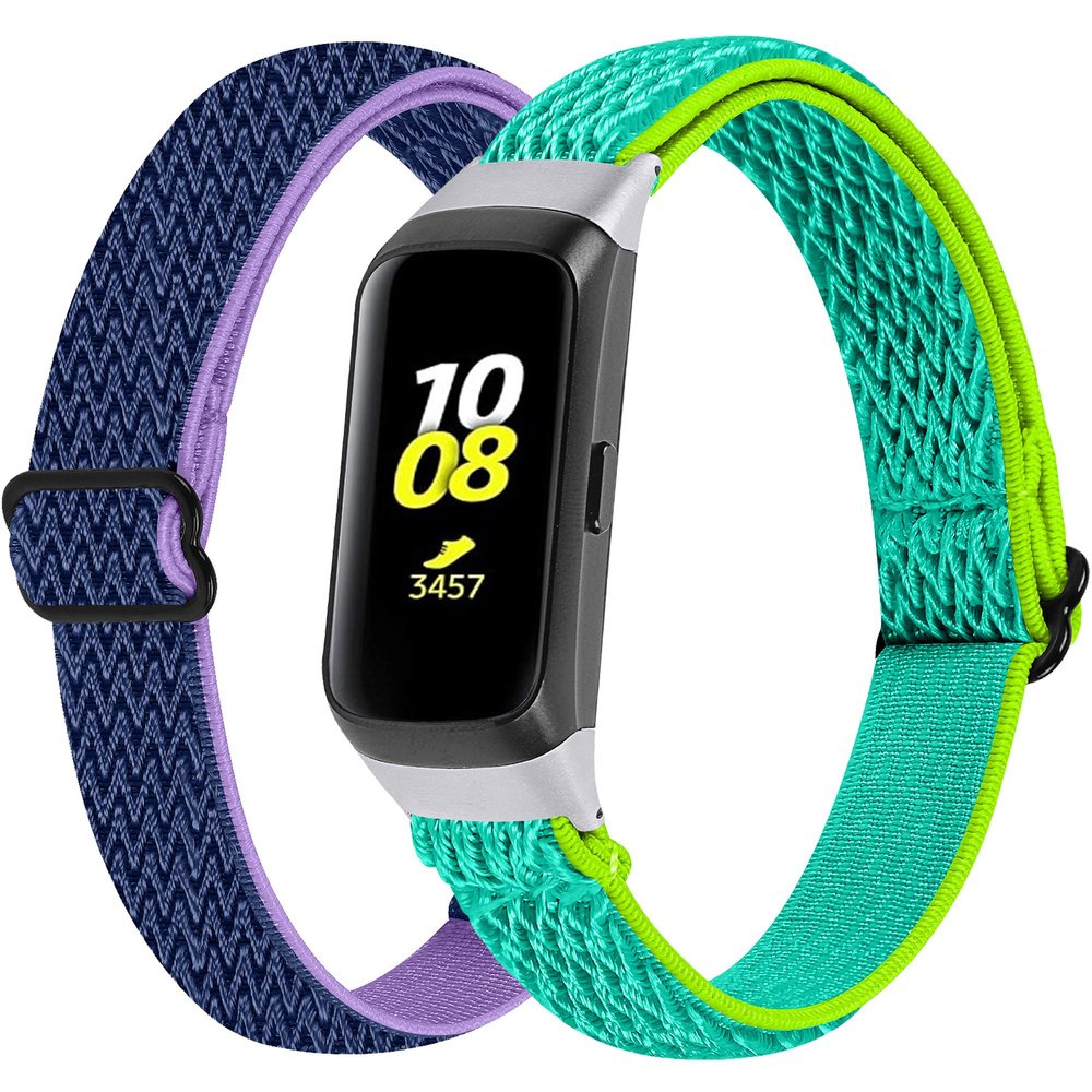 2-Pack Elastic Nylon Band Compatible with Samsung Galaxy Fit SM-R370, Stretchable Adjustable Breathable Bracelet Cotton Woven Replacement Strap for Galaxy Fit for Women (Purple YellowGreen)