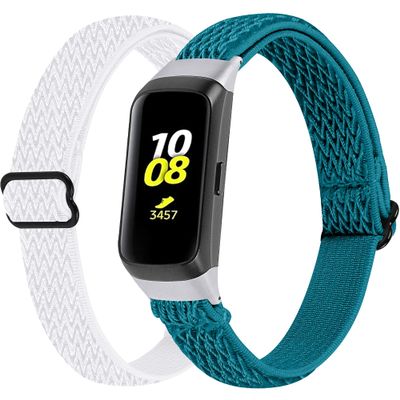 2-Pack Elastic Nylon Band Compatible with Samsung Galaxy Fit SM-R370, Stretchable Adjustable Breathable Bracelet Cotton Woven Replacement Strap for Galaxy Fit for Women (White Cyan)