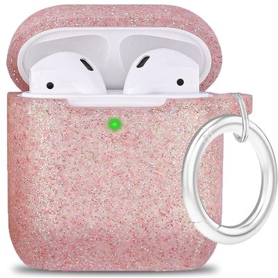 Airpod Case Soft Silicone Glitter Flexible Skin, YOMPLOW Airpods Case Cover Earpod Case for Apple AirPods 2&1 Cute for Girls with Keychain (Glittery Rose Gold)