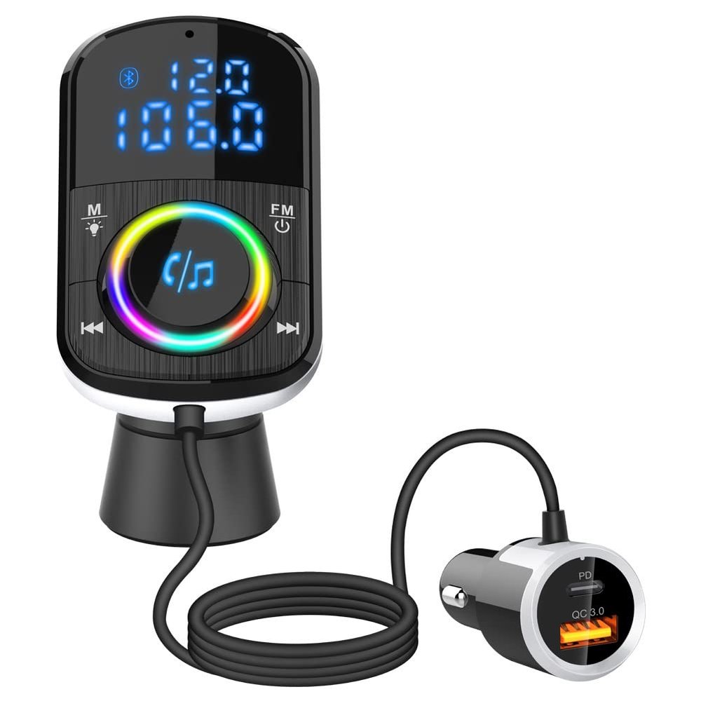 Bluetooth FM Transmitter for Car, Bluetooth para Carro/Audio Adapter with Dual Car Charger, Support Dual Display Digital Colorful Lights TF Card