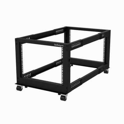 4-Post 8U Mobile Open Frame Server Rack, Four Post 19in Network Rack with Wheels, Small Rolling Rack with Adjustable Depth for Computer/AV/Data/IT Equipment - Casters, Leveling Feet or Floor Mounting