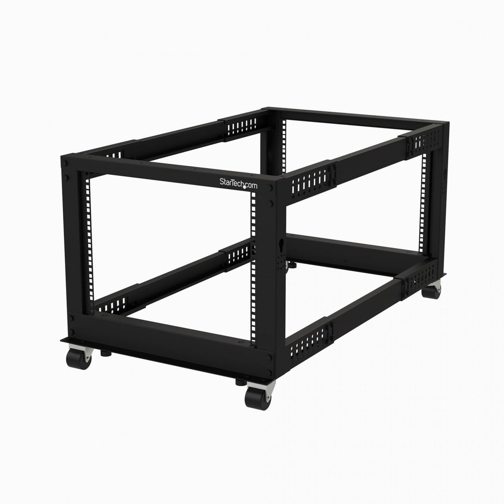 4-Post 8U Mobile Open Frame Server Rack, Four Post 19in Network Rack with Wheels, Small Rolling Rack with Adjustable Depth for Computer/AV/Data/IT Equipment - Casters, Leveling Feet or Floor Mounting