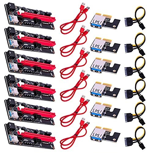 Connectors PCI-E Pcie Riser 009 Express 1X 4X 8X 16x Extender PCI E USB Riser 009S GPU Dual 6Pin Adapter Card SATA 15pin for BTC Miner - (US, Cable Length: 0.6m, Color: 6PCS Red)