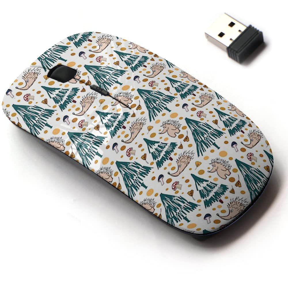 2.4G Wireless Mouse with Cute Pattern Design for All Laptops and Desktops with Nano Receiver - Hedgehogs Green Tree Yellow Leaves