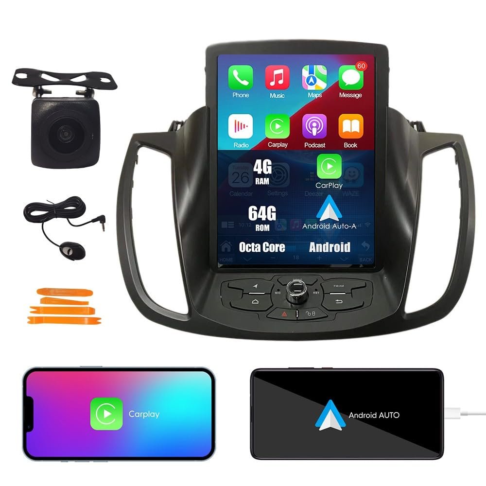 Kunfine Tesla Style Car CarPlay Android Auto Navigation Stereo GPS Radio Camera 10.4" IPS Touchscreen Headunit Tablet Pad Media Player for Ford Escape Kuga 13-19, if Applicable Octa Core 4G+64G