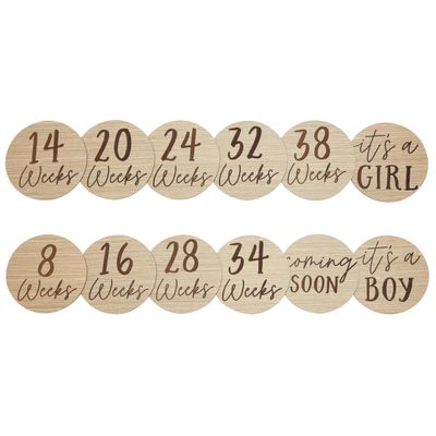 Kate & Milo Weekly Pregnancy Milestone Marker Discs - Classic Cursive Script Wooden Discs With Reversible Photo Props for Baby Announcement and Milestones, Gender-Neutral Gift