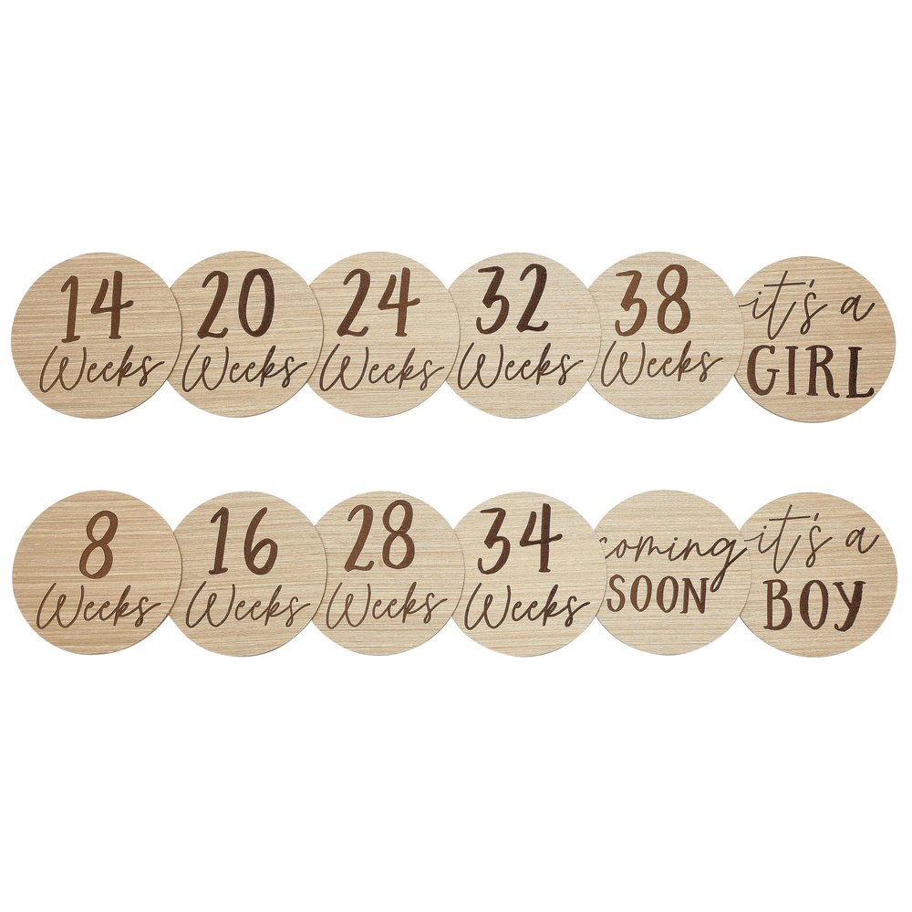 Kate & Milo Weekly Pregnancy Milestone Marker Discs - Classic Cursive Script Wooden Discs With Reversible Photo Props for Baby Announcement and Milestones, Gender-Neutral Gift