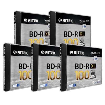 5 Pack Ritek BD-R XL BDXL 100GB Archival Grade Triple Layers 4X White Inkjet Hub Printable Blank Disc w/Standard Jewel Case